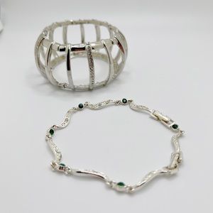 Silver Tone and Emerald Rhinestone Bracelet Set 2ct